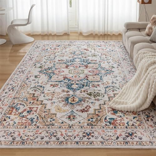 Image of CHOSHOME Machine Washable Rugs for Living Room Large Vintage Area Rugs for Bedroom Short Pile Rugs Non Slip Carpet Traditional Soft Oriental Rug for Kitchen Dining 300X400CM Beige Faux Wool Rug