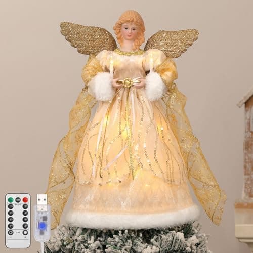 Image of Lewondr Christmas Tree Topper Angel, 12'' Light Up Angel Tree Topper with Gold Wings and Candle Light, 8 Modes and 6 Hrs Timer USB and Remote Operated Christmas Decor for Holiday Home Decor, Apricot