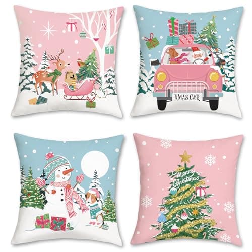Image of Bonhause Christmas Cushion Covers 45 x 45 cm Xmas Trees Winter Snowman Reindeer Santa Decorative Throw Pillow Covers for Sofa Bed Home Xmas Holiday Decor Set of 4