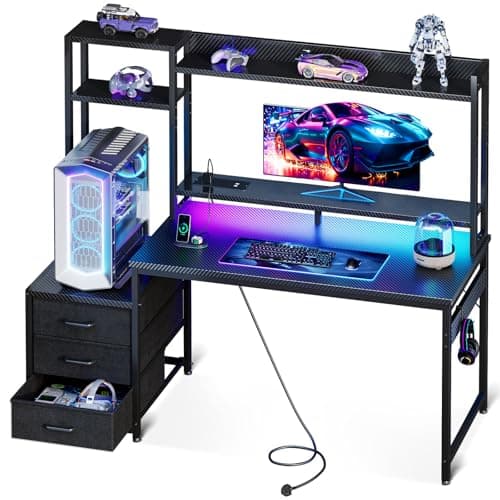 Image of Coleshome Gaming Desk with Drawers & Display Shelves, 120×48 cm Computer Desk with LED Lights & Sockets, Reversible PC Gaming Table with Monitor Stand, Carbon Fiber Black