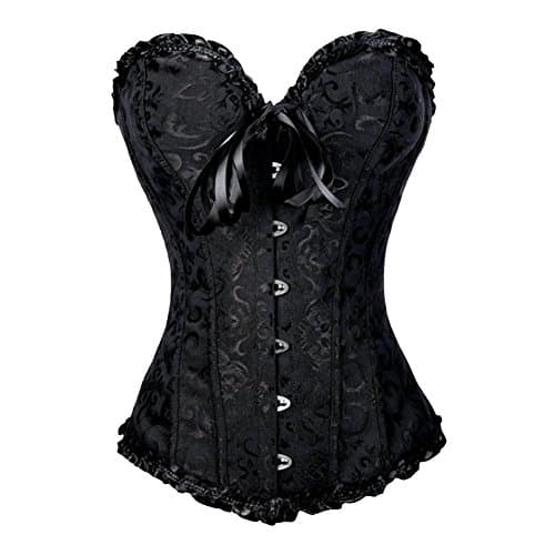 Image of PhilaeEC Women's Plus Size Bridal Lingerie Lace up Satin Boned Corset + G-string (Black, L)