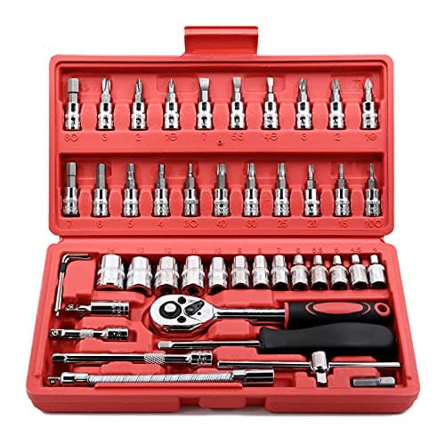 Image of EGOFINE 46 Pieces 1/4" Drive Socket Set&Tool Sets, Ratchet Wrench Set with Bit Socket Set Metric and Extension Bar for DIY, Car Repair and Household with Storage Case