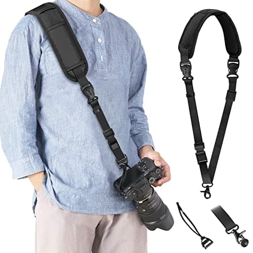 Image of KTUEOV Camera Strap Quick Release, Camera Shoulder Strap Adjustable with Safety Tether Non-slip Wide Nylon Strap 2 Pockets and 2 Retainers, Crossbody Camera Strap Padded for DSLR Camera(Black)