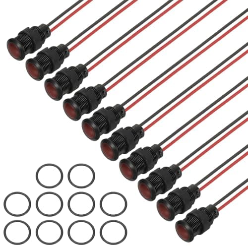 Image of PATIKIL 12mm Red Signal Indicator Lights, 10 Pack AC/DC 12-24V Panel Mount Waterproof Warning Lamps for Industrial Electrical Car Motorcycles Boats Directional Dash Light, Black