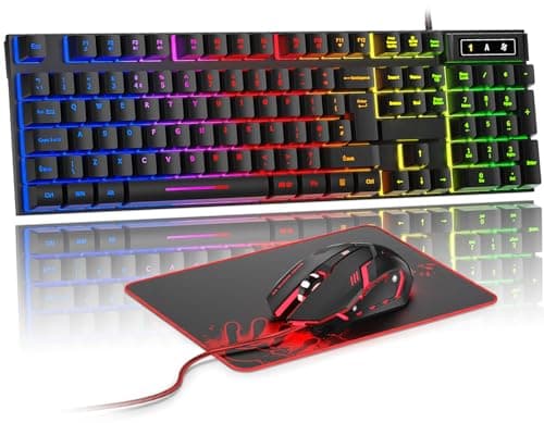 Image of Rewurnth Gaming Keyboard and Mouse Set, UK Layout, RGB Backlit Wired Keyboard, Ergonomic 4-Color LED Gaming Mouse, Large Mousepad, USB Plug & Play for PC, Mac, PS4, Xbox