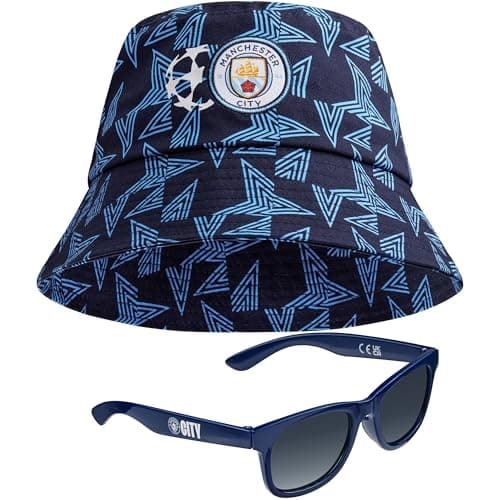 Image of MANCHESTER CITY F.C. Baseball Cap or Bucket Hat and Kids Sunglasses Set Summer Sun Hat 100% UV Holiday Essentials Boys Gifts (Navy Bucket)
