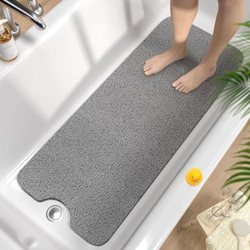 Image of HITSLAM Non Slip Bath Mat 100 x 40 cm, Extra Long Shower Mats for Inside Shower, Soft PVC Loofah Bathtub Mat with Drain, Quick Drying shower mat for Wet Area, Without Suction Cup, Grey