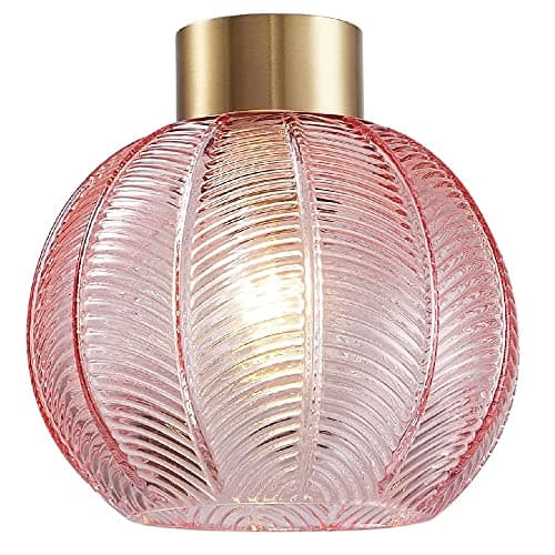 Image of Antique Gold & Pink Ribbed Glass Vintage Retro Easy Fit Globe Dome Pendant Shade | 20.5cm Diameter (8") | None Electric Ceiling Lampshade | 42mm Hole to Fit Lampholder Type E27 ES