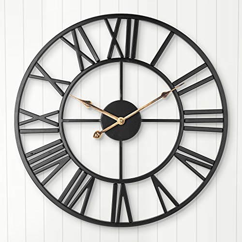 Image of ARVINKEY Silent Wall Clock, European Farmhouse Vintage Clock with Roman Numerals, 40cm Non-Ticking Battery Operated Metal Skeleton Decorative Clock for Home Kitchen (Black)