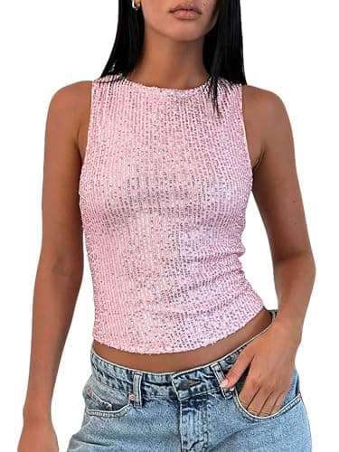 Image of Women Sexy Sequin Tank Top Y2k Sleeveless Crop Going Out Rave Vest Shinny Slim Fit Sparkle Glitter Camisole for Club (B-Pink, S)