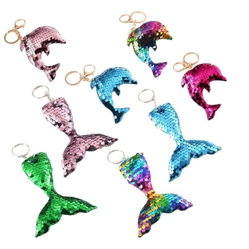 Image of Shirene Glitter Mermaid Tail & Dolphin Keychains Set,8 PCS Reversible Sequins Fish Key Chain Ring for Bag Charms,Purse & Backpack Accessories,Under The Sea Party Favours Gifts