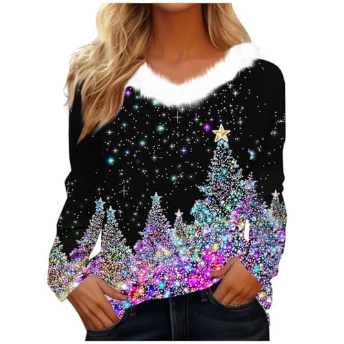 Image of Black White Pink Womens Christmas Tree Sweatshirts UK Long Sleeve Novelty Funny Print Glitter Jumper Oversized V Neck Xmas Holiday Casual Shirts Fashion Pullover Tops Fall 2xl 4xl Size 22 20 18 16 14