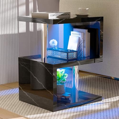 Image of Blisswood High Gloss Small Side Table, S-Shaped Sofa Side Table with Storage Shelves & RGB LED Lights, Modern End Table for Living Room, Bedroom or Small Spaces, Black Marble