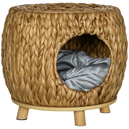 Image of PawHut Wicker Cat House Stool for Rest, Rattan Kitten Bed for Indoor and Outdoor Use, Elevated Pet Bed with Soft Washable Cushion 44 x 43 x 41 cm