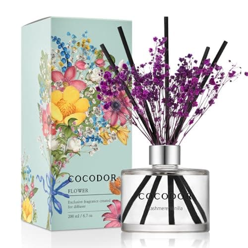 Image of COCODOR Flower Reed Diffuser set / 6.7oz / Cashmere Vanilla/Scent Diffuser with Sticks Home Fragrance Reed Diffuser for Bathroom Shelf Decor