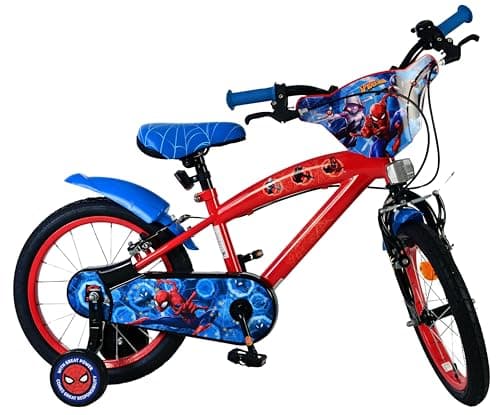 Image of Volare Marvel Spider-Man Kids Bike | Ages 4-6 | 16 Inch Wheel | 2 Handbrakes (Front & Back Wheel), Removable Stabilisers, Chain Guard & Pedal Reflectors | Adjustable Saddle Height | Girls & Boys Gift