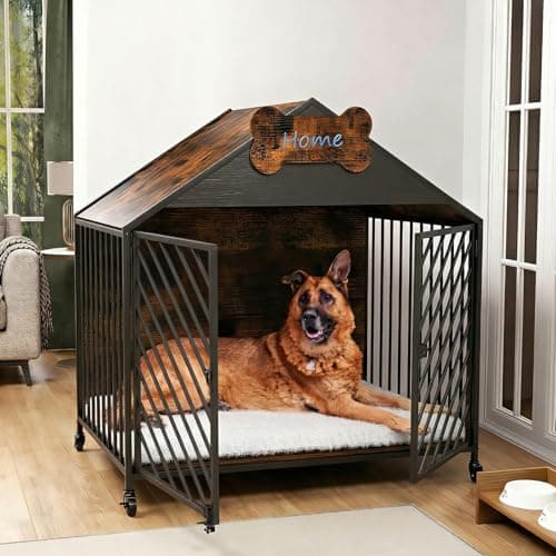 Image of Dog Crate Furniture, 100cm Wooden Dog Crate with Wheels & Cushion for Large Dogs, 220 Lbs Capacity Heavy Duty Indoor Dog Kennel, Gable Roof Design Cage, Chew-Proof Double Lockers Pet House