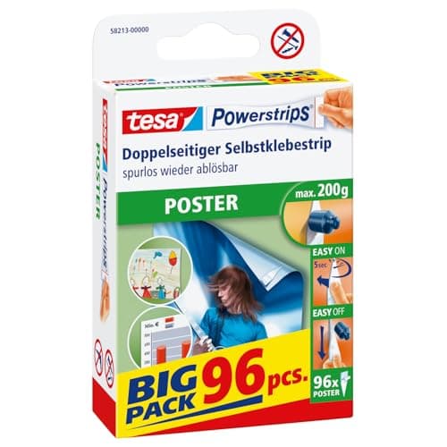 Image of tesa Powerstrips POSTER - Double-Sided Adhesive Strip for Posters - Self-Adhesive Picture Hanging Strips - Tapered -Holds up to 200 g - Pack of 96