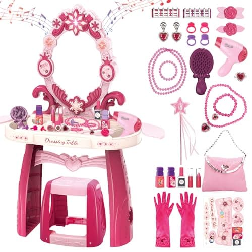 Image of deAO Kids Vanity Table and Chair Set, Toddler Vanity with Light & Music, Shatterproof Mirror, Pretend Play Makeup, Grooming Accessories, Princess Beauty Salon Toy, Birthday Gift for Girls 3+(PINK)