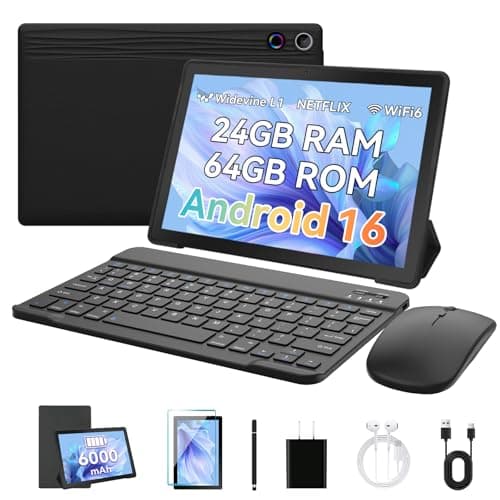 Image of Freeski Tablets 10 inch Tablet Android 16,Penta-Core Processor,24GB RAM 64GB ROM 1TB Expand,5G WiFi 6,1280 x 800 HD/Dual 5MP+8MP Camera,Android Tablet with Keyboard+ Mouse + Case Black