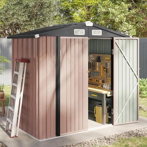 Image of Aoxun Garden Sheds 6x4ft, Metal Shed Bike Tool Shed, Sheds and Outdoor Storage with Lockable Doors & Slooping for Backyard, Patio, Poolside,Brown