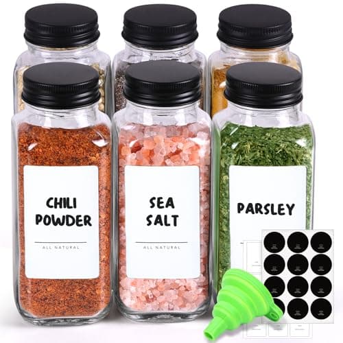 Image of ComSaf 6Pcs 240ml Glass Spice Jars with Shaker Lids and Labels, Spice Jars Trial Set & Supplement Set, Empty Seasoning Containers and Square Spice Bottles for Kitchen and Seasoning