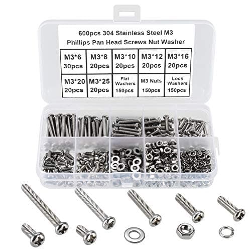 Image of FandWay 600Pcs M3 Bolts and Nuts Set,Pan Head Machine Screws DIN 7985,Cross Round Head Screws,304 Stainless Steel Bolts and Washers Set Phillips Drive Fully Threaded With Storage Box.