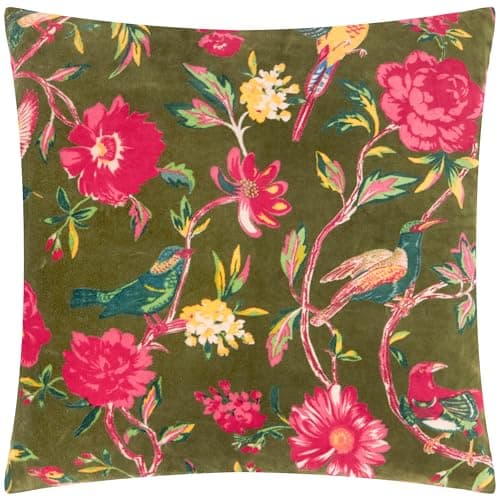 Image of furn. Wylder Aviary Cushion Cover – Cotton Velvet Country Garden Bird Decorative Case (Woodgrove Green – 50x50cm)