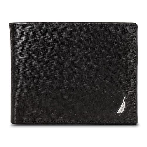 Image of Nautica Men's Bifold Leather Wallet | RFID Blocking | ID Window | Card Slots | Organization | Durable | Stylish, Saffiano - Black