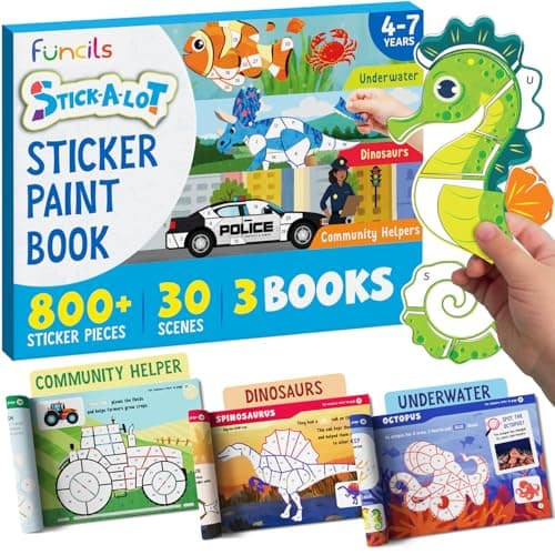 Image of Funcils Paint by Sticker & Number for Kids - 30 Color by Sticker Paint Book | Travel, Airplane, Car Activities for Kids Ages 4-8 Girls Boys | Art & Crafts Games, Puzzle Books, Learning Educational Kit
