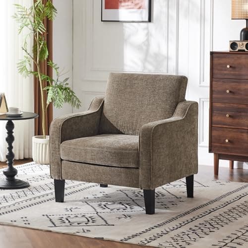 Image of Bonnlo Armchair, Mid Century Modern Fabric Accent Chair for Living Room, Small Tub Chair with Thick Cushion, Comfortable Lounge Chair Perfect for Bedroom, Apartment, Office, Light Brown, Chenille
