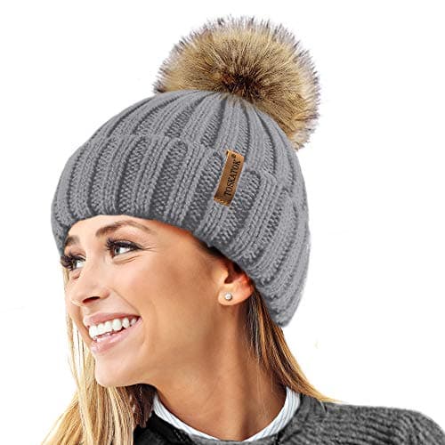 Image of TOSKATOK®Womens Warm Winter Hat Woolly Knitted Beanie with Detachable Chunky Faux Fur Bobble Pom Pom-Grey