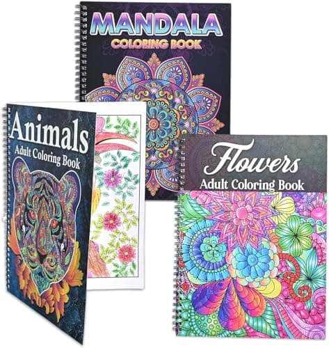 Image of Pobuu 3 Pack Adult Colouring Book,60 Page Mandalas,Animal & Flower Patterns,Spiral Bound Colouring Books for Adults Relaxation, Anxiety Relief Gifts for Women
