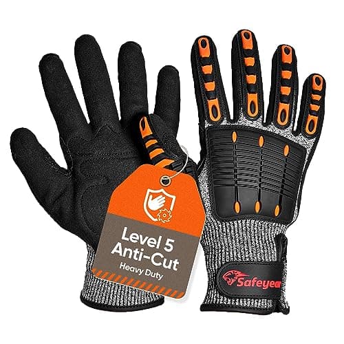 Image of SAFEYEAR Level 5 Cut Resistant Safety Gloves, Nitrile Sand Coated with TPR Impact Protection, Orange Anti-Slip & Anti-Vibration Work Gloves, Size M - for Construction, Industrial Use, Heavy-Duty Tasks