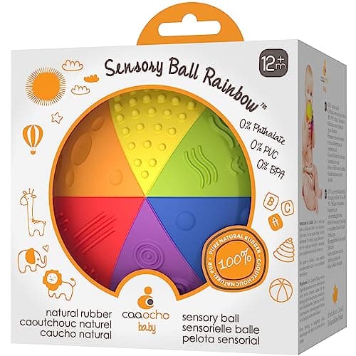 Image of Pure Natural Rubber Sensory Ball Rainbow 10 cm - All Natural Sensory Toy, Promotes Sensory Development, Rainbow Colors, Perfect Bouncer, Gentle Squeaking, BPA Free, PVC Free, Food-grade paint