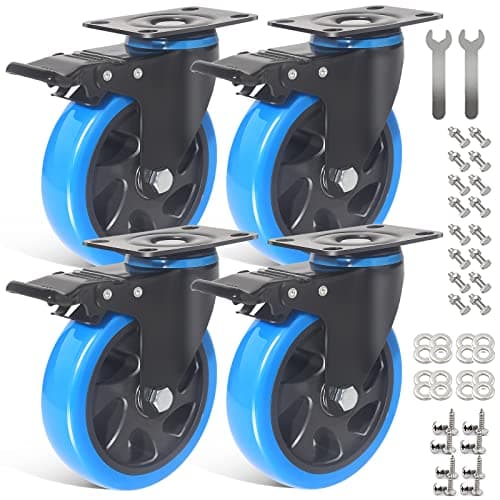 Image of IQWTU 125MM Heavy Duty Castor Wheels, Furniture Castors with Brakes, Double Bearing PU Trolley Wheels, Rubber Swivel Casters, 4 Industrial Plate Casters, 800KG Capacity
