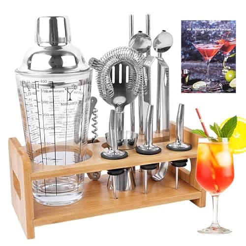 Image of 13 Pieces Cocktail Making Set, Cocktail Shaker Set Barware Glass Cocktail Shaker with Recipes On Side Bar Tool Set Bartender Kit with Display Stand for Home & Bar