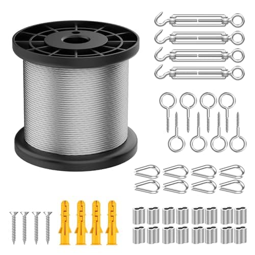 Image of 50m Garden Wire for Climbing Plants, 2mm Heavy Duty 304 Stainless Steel Cable Rope Kit, Multi-Purpose, Catenary Wire Kit with M5 Vine Eyes, for Trellis, Outdoor String Light Hanging