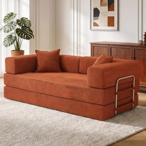 Image of Vipbear 5-in-1 Folding Boneless Couch, 200cm Premium Corduroy Modular Sectional 3 Seater Sofa Bed for Small Space, Orange