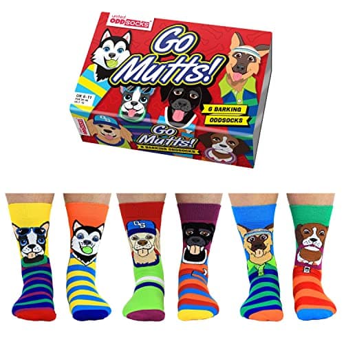 Image of United Oddsocks Go Mutts Gift Box, 6 Barking Oddsocks for Men, UK 6-11 EUR 39-46 US 7-12, Colourful Dog-Themed Novelty Socks Gift Box, Cotton Rich Crew Socks, Mix-and-Match Fun, Dog and Puppy Lovers
