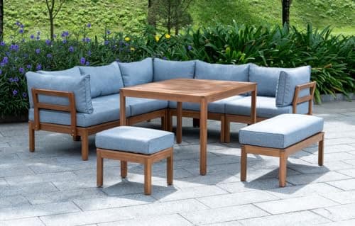 Image of Out & Out Original Cali Wooden Garden Lounge Set - 8 Seats - FSC Certified Eucalyptus Wood - Corner Seats, Middle Seats, Stools, Dining Table - Outdoor Patio Furniture