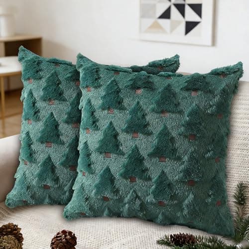 Image of Fablet Cushion Covers 45x45cm Set of 2, Soft Plush Velvet Throw Pillow Cases with Embroidered Tree Detail, Cosy Winter Home Decor for Sofa Living Room Bedroom, Forest Green