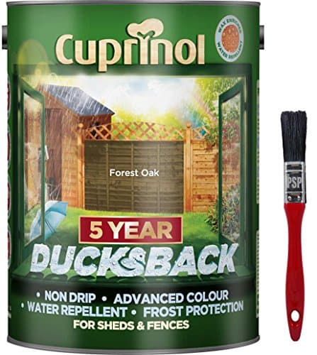 Image of New 2018 Cuprinol Ducksback Shed & Fence Paint 5 Litre Forest Oak. Non Drip, Water Repellent and Frost Defence. Protection for 5 Years. Includes PSP Touch up Brush.