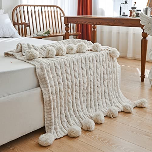 Image of REPRECONF Chenille Chunky Knitted Throw Blanket with 14pcs Pom Poms Tassel Super Soft Cozy Warm Blanket for Sofa Bed Soft Couch 50 x60 inches (White)?-¡