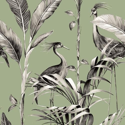 Image of World of Wallpaper Azzurra Leaf Birds Palm Leaves Wallpaper Sage Green/Grey 9512