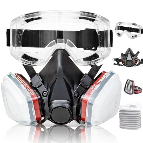 Image of Half Facepiece Respirator with Filters - Respirator Mask with 10Pcs Filter Cottons and Goggles, for Paint, Dust, Formaldehyde, Sanding, Polishing, Woodworking, Organic Vapors, Chemicals (Black)