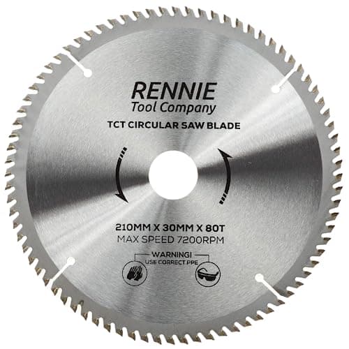 Image of Rennie Tools - 210mm x 30mm x 80T TCT Circular Wood Saw Blade Includes 25mm 20mm & 16mm Bore Reduction Rings. Compatible with Festool Bosch Makita Dewalt Circular Saw Etc, Fits 216mm circular saws.