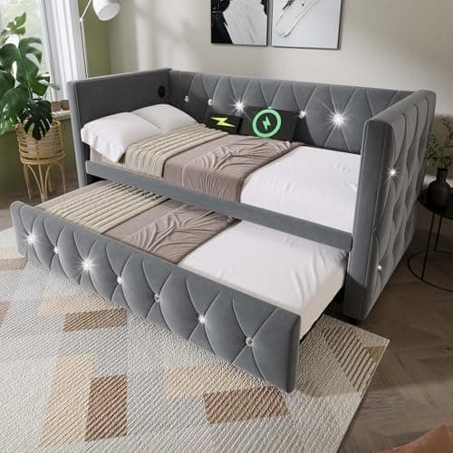 Image of 3FT Sofa Bed Daybed Single Upholstered Bed with Pull-Out Trundle, with USB & Type-C Charging Ports,Velvet Fabric in Grey,Compact Space-Saving Design for Bedroom or Living Room 90x190cm - NO Matress