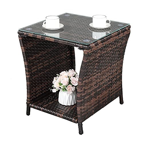 Image of Bonnlo Small Garden Table, Rattan Patio Table with Glass Top & Shelf Under, Weatherproof for Indoor Outdoor, 46x46x50cm Brown