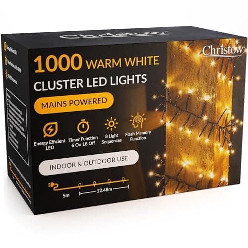 Image of CHRISTOW 1000 LED Cluster Christmas Tree Lights, Warm White Fairy Lights with Timer, 8 Light Modes, Energy Efficient 3mm Micro LEDs, Indoor & Outdoor, Mains Powered, Green Cable, 12.48m Lit Length